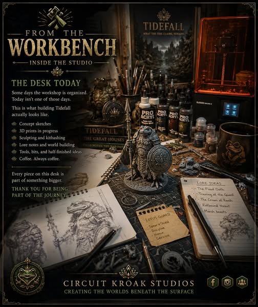 Circuit Kroak Studios workbench with miniatures, tools, sketches, and a 3D printer